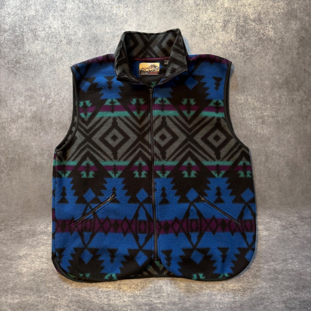 Nordic Fleece Vest Mens XL Blue Geometric Southwestern Tribal Aztec Zip